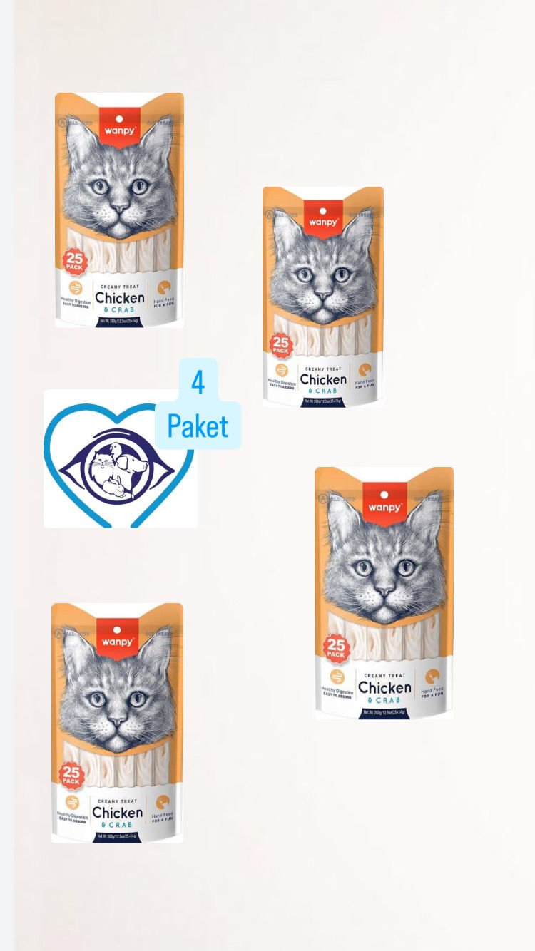 Wanpy Tavuklu ve Yengeçli Sindirim Sistemi Destekleyici Krema Kedi Ödül Maması 14gr (25'li) - 4 Paket