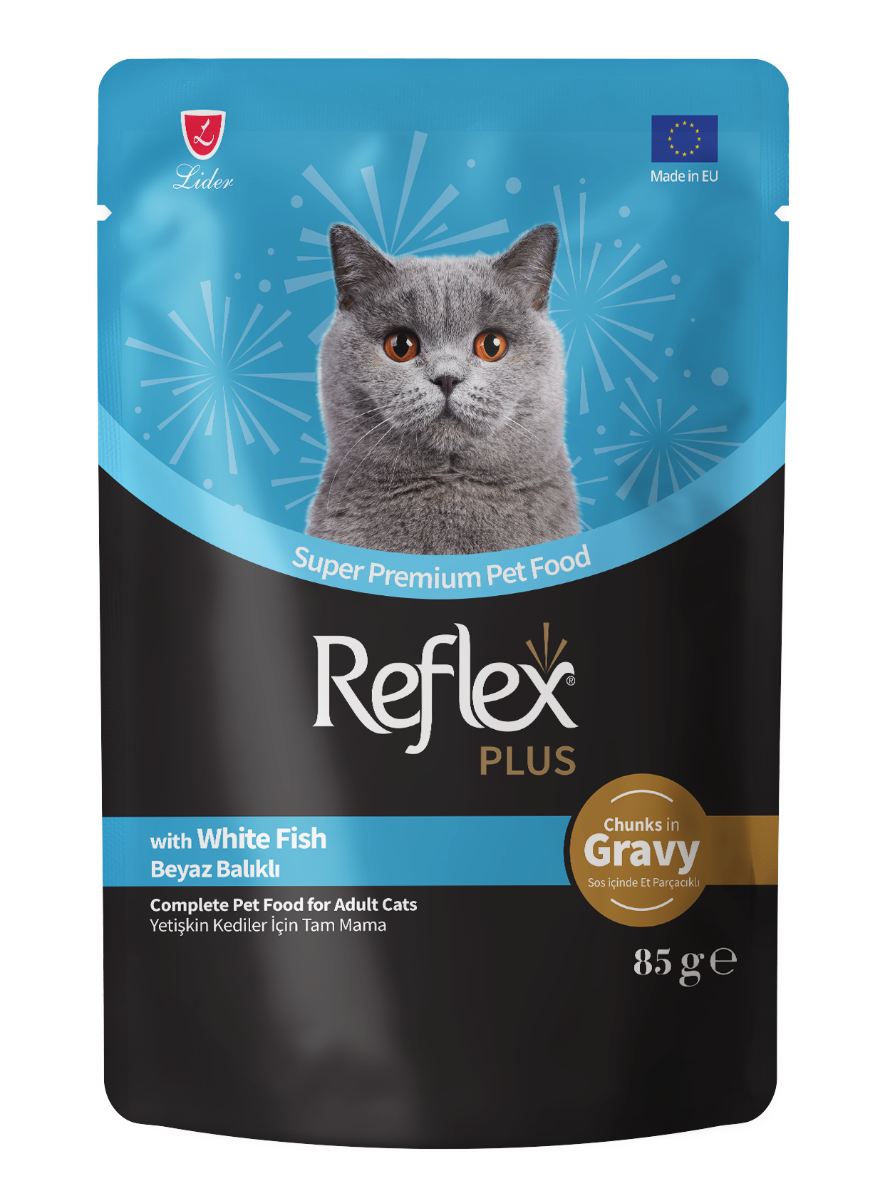 Reflex Plus Sos İçinde Et Parçacıklı Beyaz Balıklı Yetişkin Kedi Maması 85g