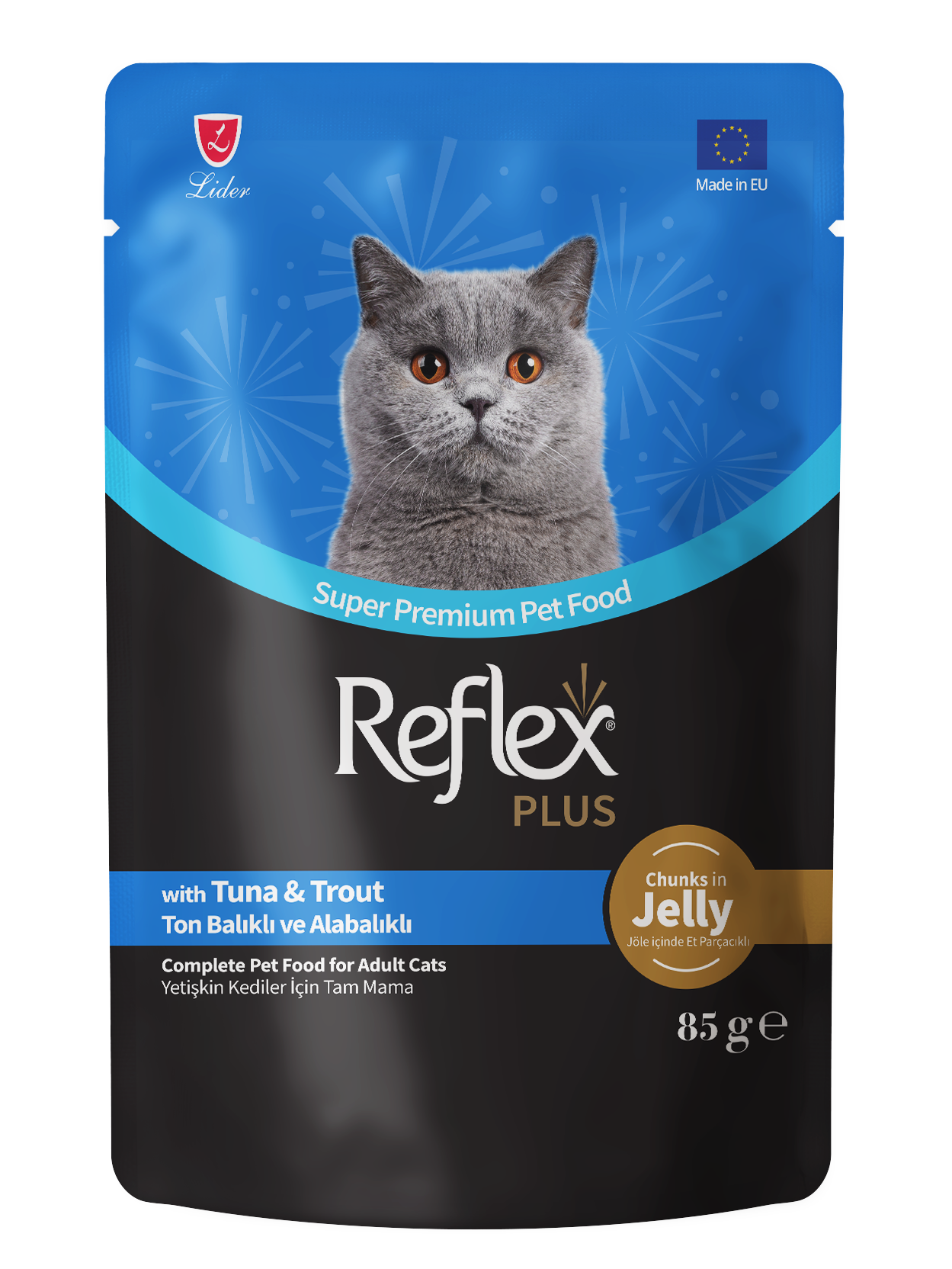 Reflex Plus Jöle İçinde Et Parçacıklı Ton Balıklı Ve Alabalıklı Yetişkin Kedi Maması 85g