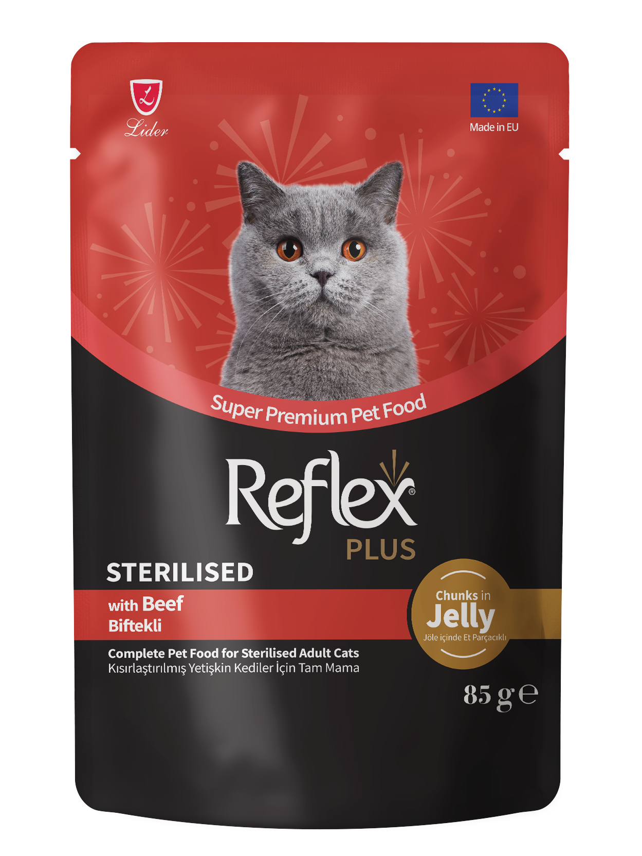 Reflex Plus Jöle İçinde Et Parçacıklı Biftekli Kısırlaştırılmış Yetişkin Kedi Maması 85g