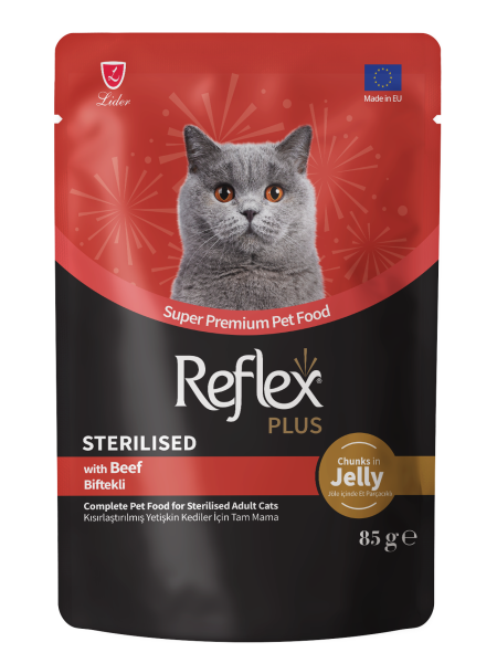 Reflex Plus Jöle İçinde Et Parçacıklı Biftekli Kısırlaştırılmış Yetişkin Kedi Maması 85g